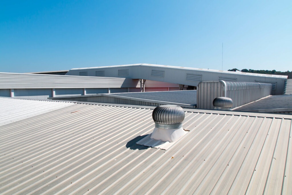 Architectural detail of metal roofing on commercial construction